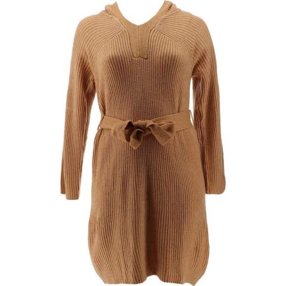 NWT SKINNYGIRL CARLY KNIT SWEATER BELTED DRESS WITH HOOD TAN‎ XS